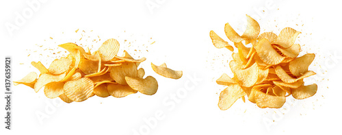 Crunchy potato chips depicting salted snack food with golden texture, isolated on a transparent background