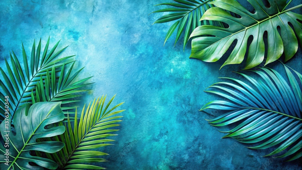 Obraz premium Vibrant Tropical Foliage Arranged on a Textured Teal Background, Ideal for Summer Designs and Decorative Projects
