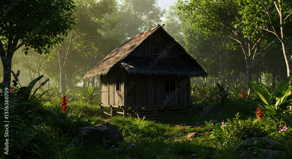 Jungle Hut with Sunrise, and Tropical Forest. Jungle Hut with Sunrise, and Tropical Forest.