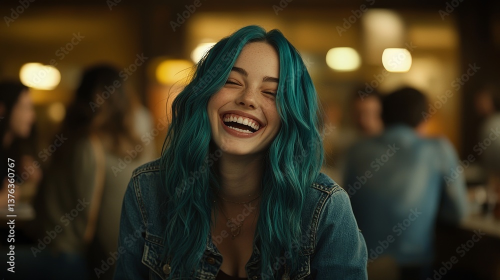 Obraz premium Radiant Smile of a Young Woman with Teal Hair in a Public Gathering