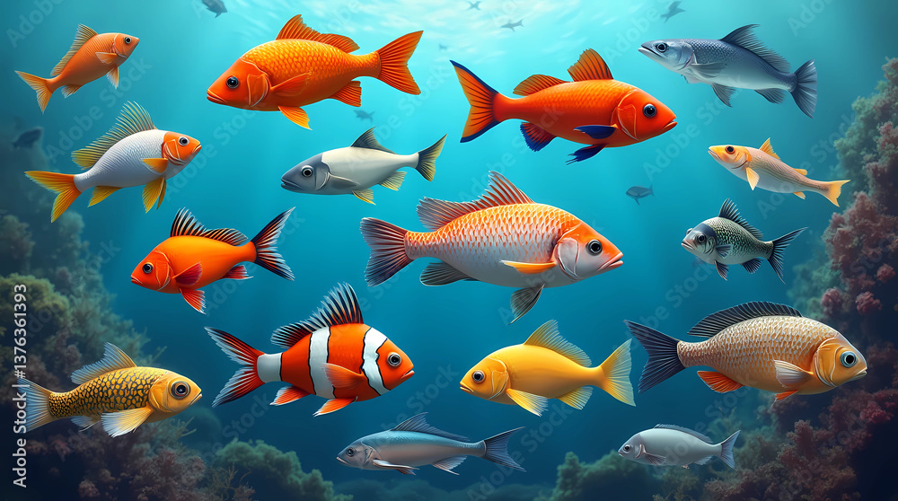 Naklejka premium A captivating underwater scene showcases a diverse array of colorful fish swimming amidst a coral reef.