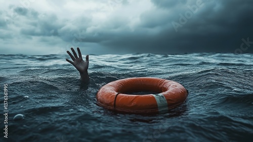 A dramatic ocean rescue scene with a hand reaching out from turbulent sea waves, an orange life preserver floating nearby, choppy waves on the sea surface, a sky filled with dark clouds