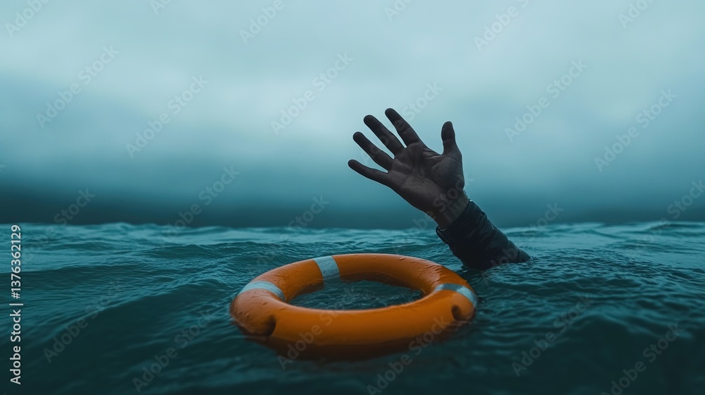 A dramatic ocean rescue scene with a hand reaching out from turbulent sea waves, an orange life preserver floating nearby, choppy waves on the sea surface, a sky filled with dark clouds A dramatic ocean rescue scene with a hand reaching out from turbulent sea waves, an orange life preserver floating nearby, choppy waves on the sea surface, a sky filled with dark clouds
