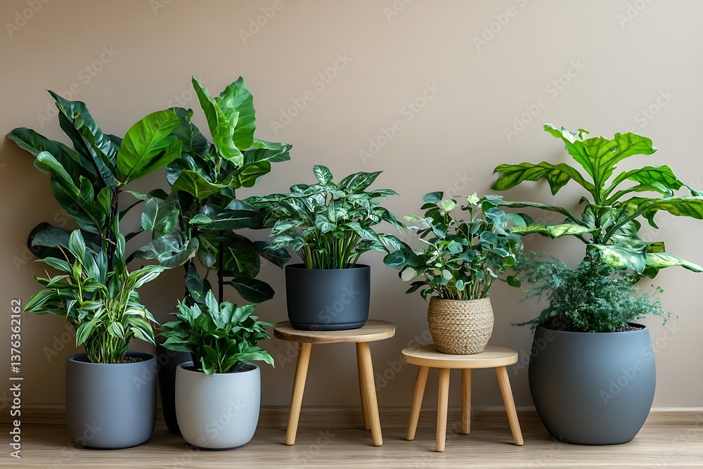Fototapeta premium Assorted Potted Plants Collection on Wooden Stools Against a Neutral Background