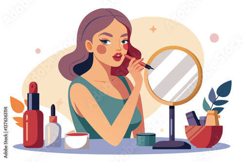 Elegant woman applying lipstick in a modern bathroom with vibrant beauty products on the counter during a sunny daytime routine