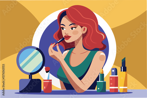 Elegant woman applying lipstick in a modern bathroom with vibrant beauty products on the counter during a sunny daytime routine