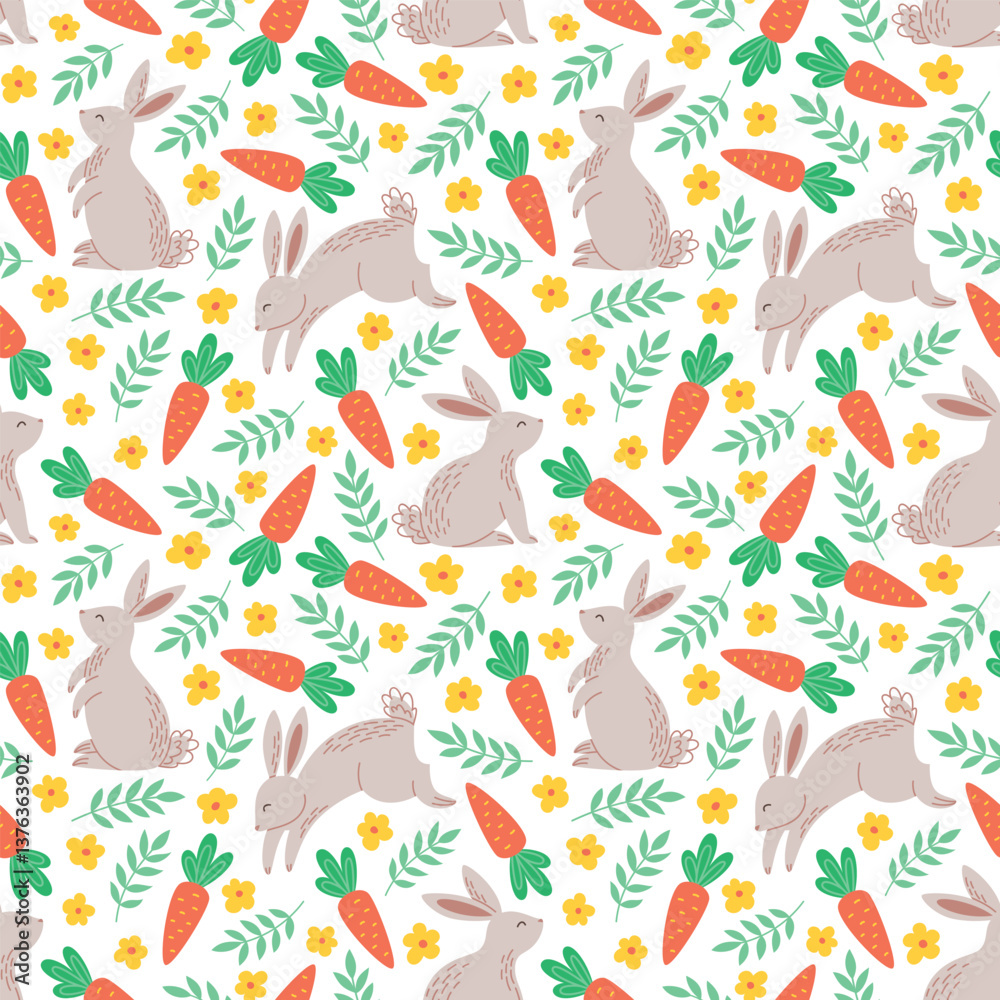 Seamless pattern with rabbits, carrots and botanical elements. Easter vector background design for wrapping paper, textile and fabrics Seamless pattern with rabbits, carrots and botanical elements. Easter vector background design for wrapping paper, textile and fabrics