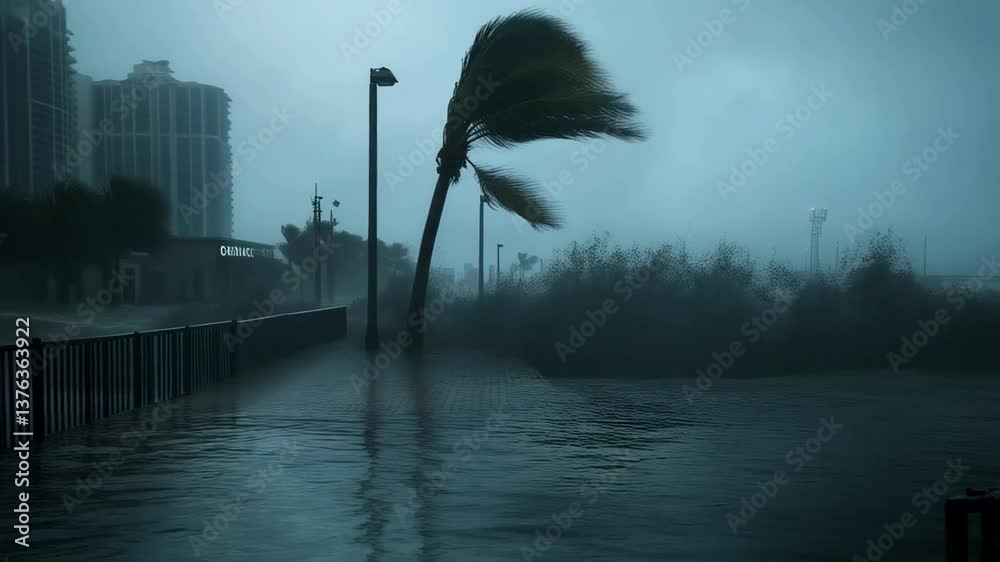 Strong winds and rising water levels create hazardous conditions along the waterfront of a coastal city as a severe storm passes through, affecting local residents and businesses