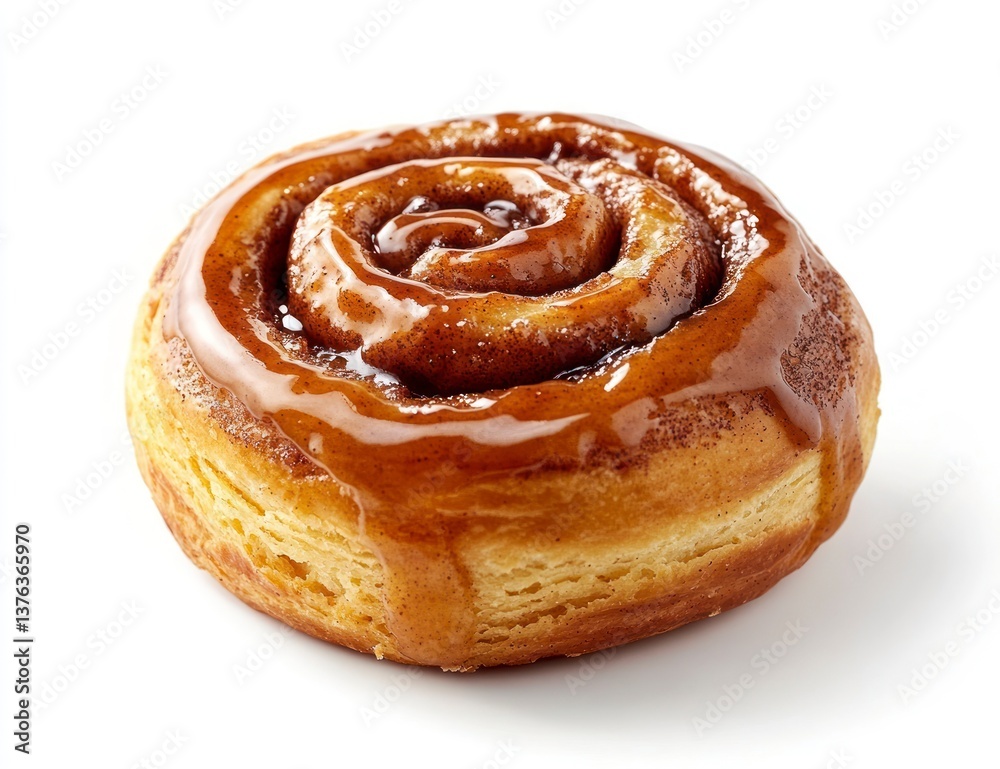 Delicious Cinnamon Roll with Glaze on White Background Close-up Shot