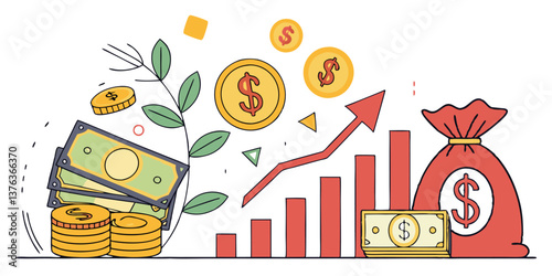 Vector illustration depicting financial growth with coins, bills, and a money bag emphasizing investment trends and economic development