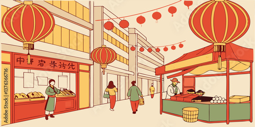 Festive market street during the celebration featuring traditional lanterns and diverse vendors showcasing local delicacies and crafts