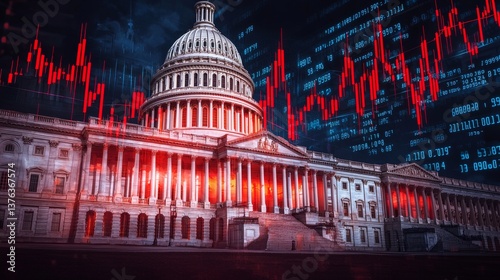 Capitol Building with stock market crash graph, political instability concept