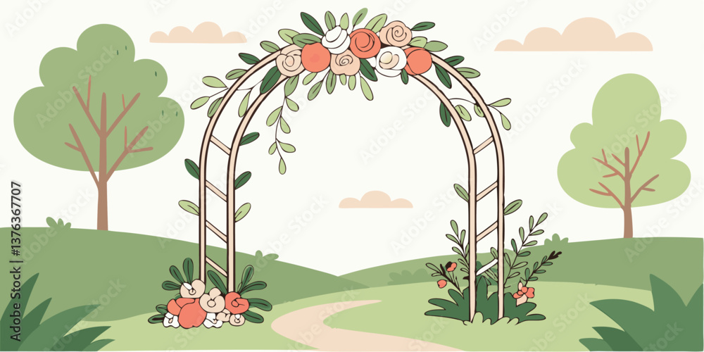 Obraz premium Elegant wedding arch adorned with flowers in a serene outdoor setting, perfect for a spring or summer celebration in a lush garden landscape