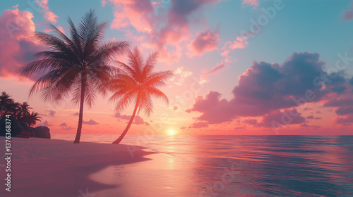 Serene sunset on a tropical beach with palm trees soft pink hues calm ocean peaceful paradise