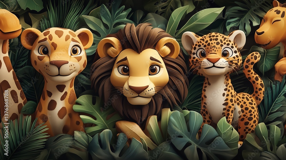 Naklejka premium Cute cartoon animals. Lion Giraffe tiger and leopard