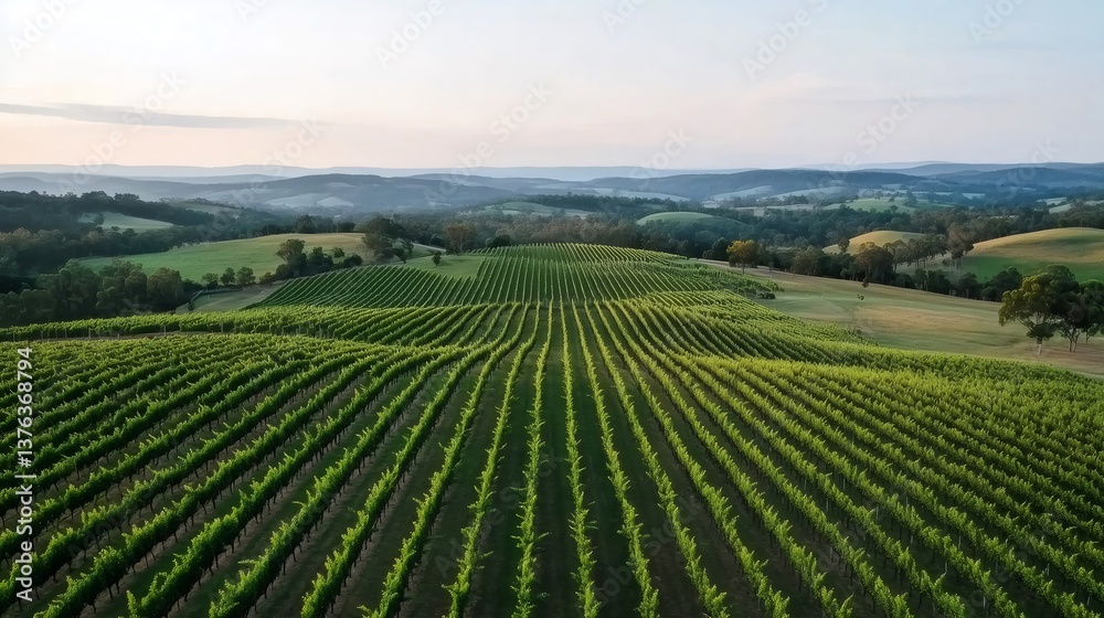Stunning rows of grapevines creating a captivating vineyard landscape at sunset Stunning rows of grapevines creating a captivating vineyard landscape at sunset