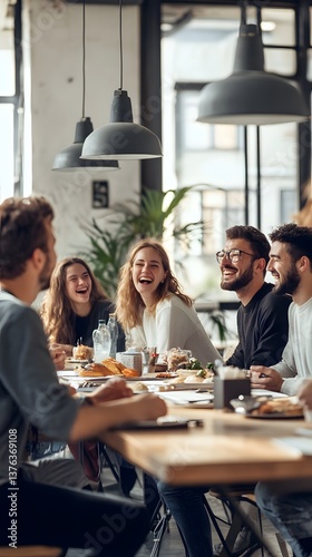 A group of friends sitting around a long table laughing