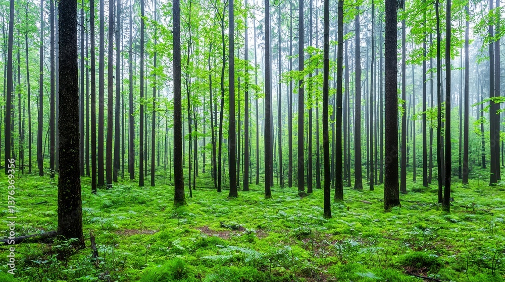 Fototapeta premium Lush Green Forest with Dense Trees and Vibrant Undergrowth