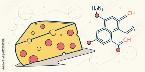 Cheese slice with molecular structure illustration showcasing food science in a playful and colorful vector design