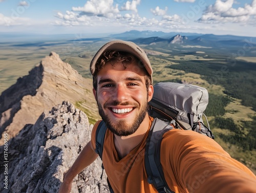A young hiker man taking a vertical selfie portrait on the summit of a mountain, with a breathtaking view in the background. The happy guy is smiling at the camera