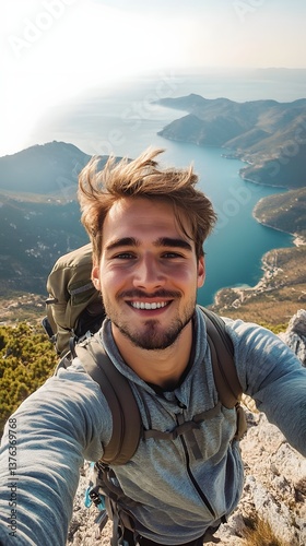 Obraz na płótnie A young hiker man taking a vertical selfie portrait on the summit of a mountain, with a breathtaking view in the background. The happy guy is smiling at the camera w salonie