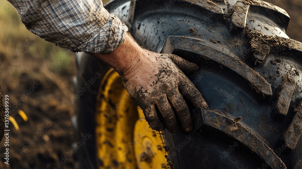 Fototapeta premium A realistic scene of inspecting a truck tire, a muddy hand checking a large truck tire covered in dirt, blurred background of fields and vehicles