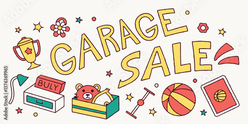 Vector illustration depicting a vibrant garage sale with various items showcased in a lively arrangement, inviting shoppers to explore unique finds and treasures