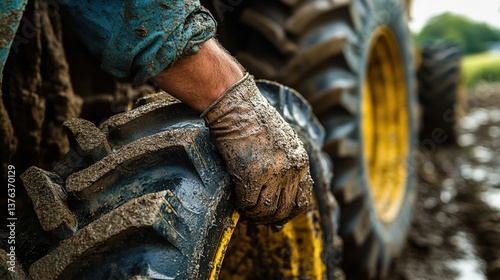 Wallpaper Mural A realistic scene of inspecting a truck tire, a muddy hand checking a large truck tire covered in dirt, blurred background of fields and vehicles Torontodigital.ca