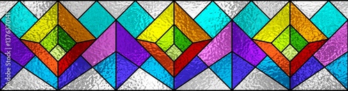 Stained glass window. Abstract colorful stained-glass background. Art Deco geometric decor for interior. Modern pattern. Luxury modern interior. Transparency. Multicolor template for design interior.