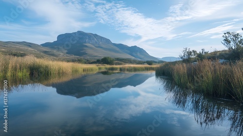 A serene mountain landscape with a calm lake reflecting the sky