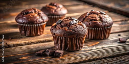 Scrumptious Chocolate Chip Muffins on Rustic Wooden Surface, a Delightful Sweet Treat for Any Occasion