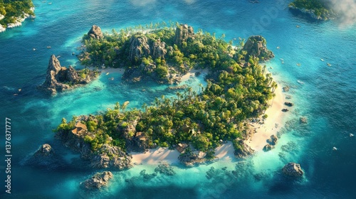 A bird's-eye view of a tropical island surrounded by crystal-clear waters and coral reefs