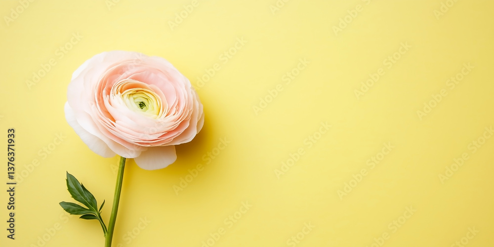 Fototapeta premium Pink Ranunculus Flower on Yellow Background with Blank Space for Text Copy, Floral Spring Summer Pastel Surface