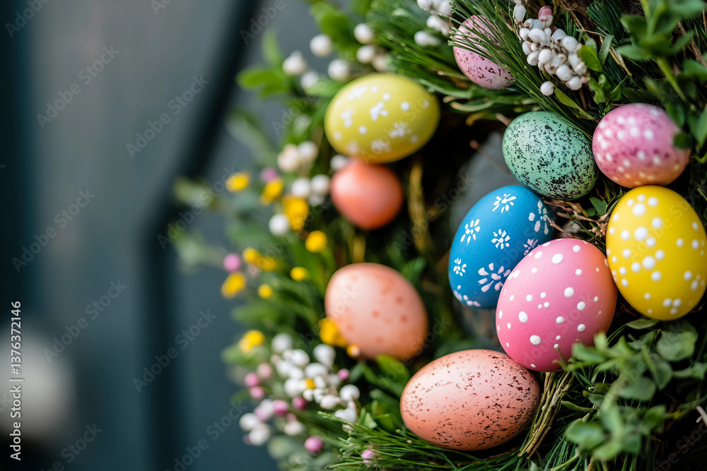 Fototapeta premium Easter Decorated Wreath Nest with Colorful Painted Eggs and Spring Foliage, Festive Holiday Celebration, Generative AI