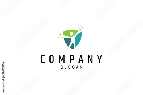 healthy person logo with shield combination in flat design