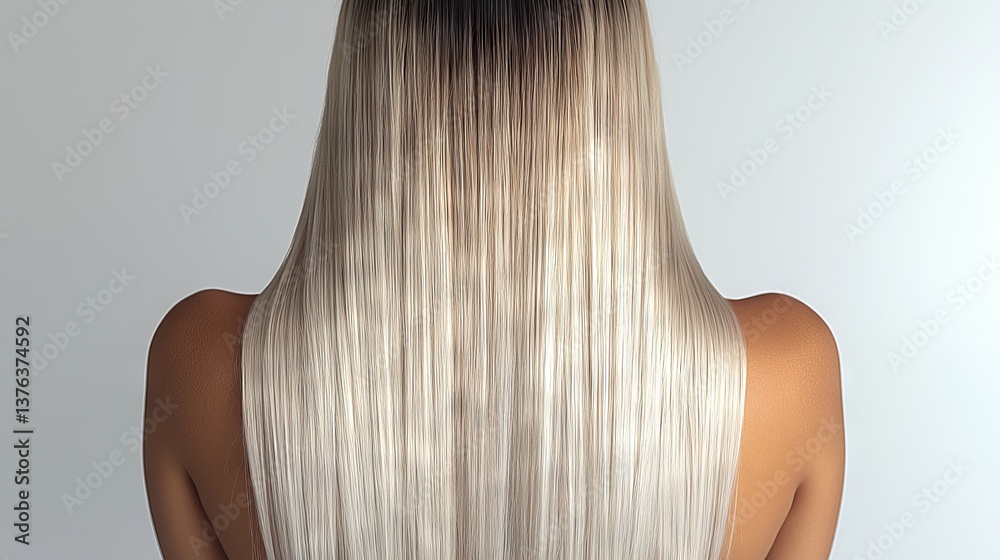 Naklejka premium Elegant back view showcasing the radiant, flowing blonde hair style of a woman
