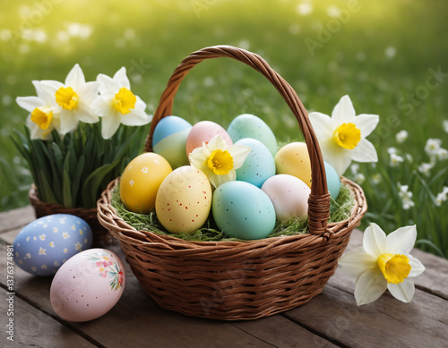 Pastel Easter Eggs in a Basket with Daffodils – Spring Holiday Atmosphere