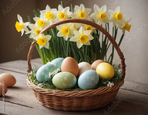 Pastel Easter Eggs in a Basket with Daffodils – Spring Holiday Atmosphere
