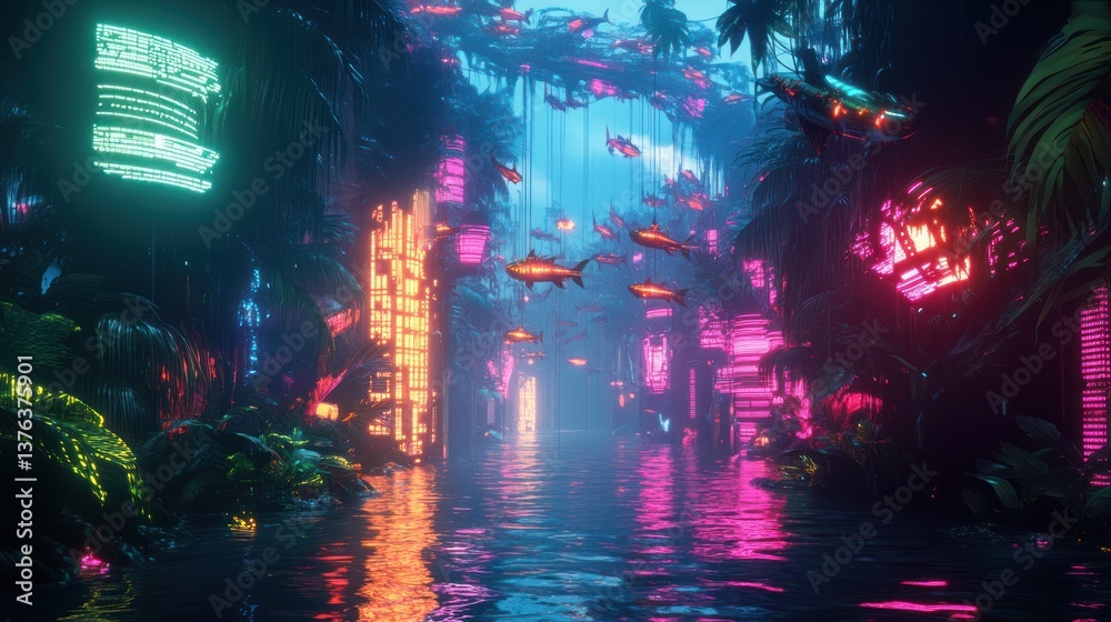 Obraz premium A futuristic aquatic city environment with vibrant neon lights