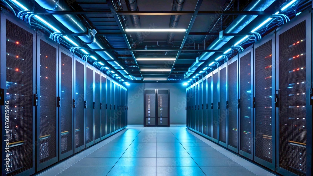 Modern Data Center with Server Racks and Blue Lighting Effects