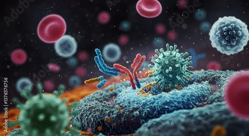 Antibodies attacking virus cell. photo