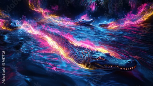 Stylized crocodiles swim amidst colorful and vibrant electrical energy across water