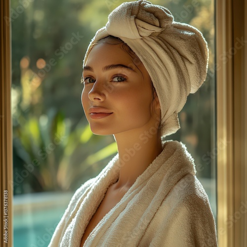 Morning spa routine with white robe, towel turban, and natural sunlight 