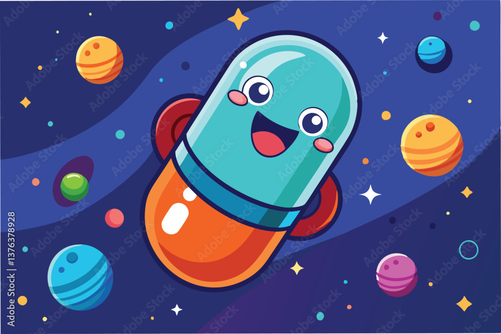 Cute capsule character flying through a colorful cosmic space filled with planets and stars in a whimsical vector illustration