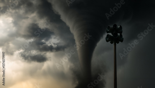 A tornado warning siren with a large twister in the background - severe weather tornadic activity outbreak in area - copyspace, news alert, media announcement, tower horn sirens