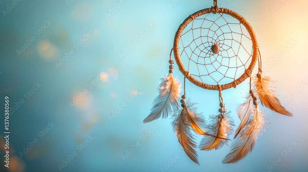 Obraz premium Dreamcatcher adorned with feathers against a blurred ethereal background