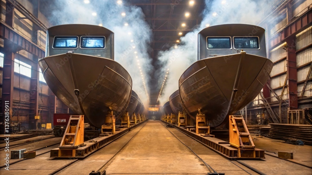 Industrial Scene of Two Large Boats in Shipyard with Smoke