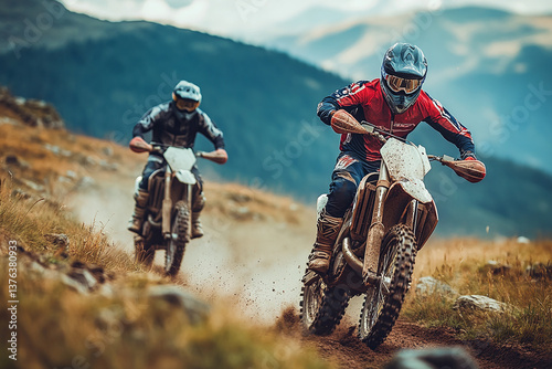Snow motor riders enduro in the mountains at winter motocross competition	