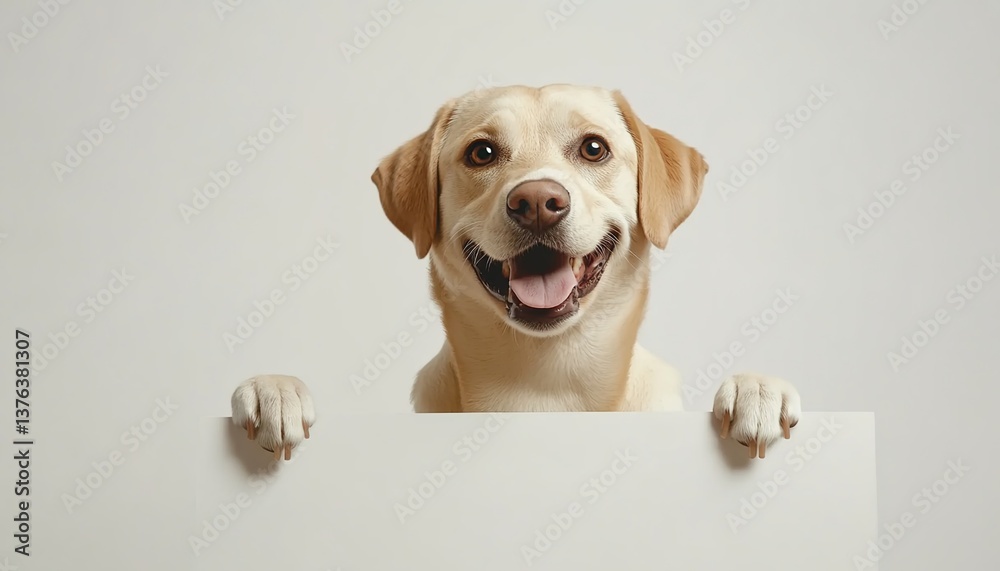 A dog standing behind a blank billboard, showing its head and front paws, pure white background A dog standing behind a blank billboard, showing its head and front paws, pure white background