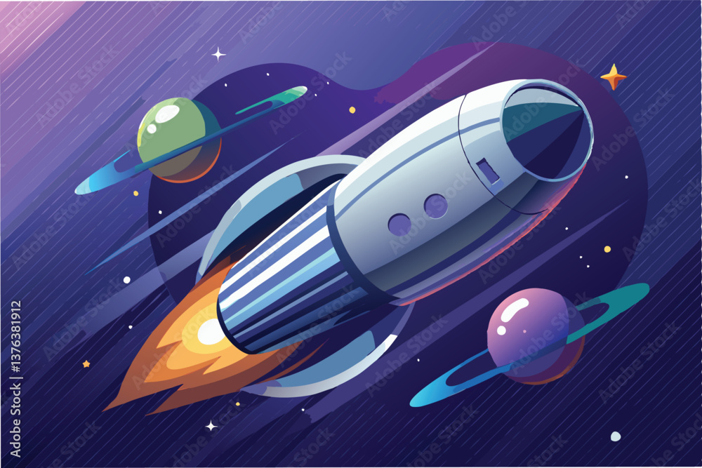 Naklejka premium Vector illustration of a rocket launching through space among colorful planets and stars